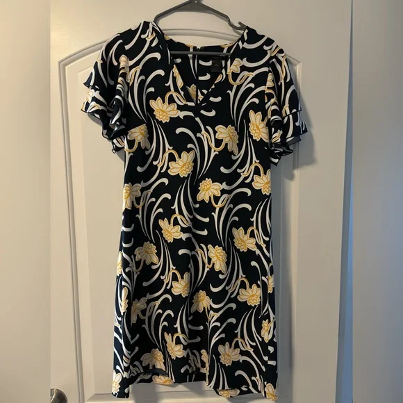 Ann Taylor Factory Dresses | Ann Taylor Factory Size 8 Blue White and Yellow Floral V Neck Dress | Color: Blue/Yellow | Size: 8 | Carolineangelle's